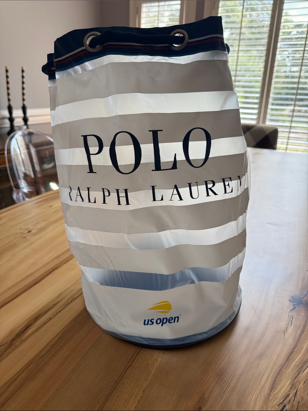 Polo by Ralph Lauren White, Taupe & Navy Striped Drawstring Duffel